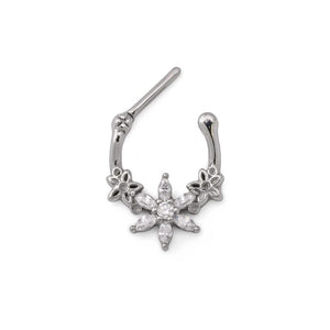 16g Steel Septum Clicker with Crystal-Petaled Trinity Flower Design — Price Per 1