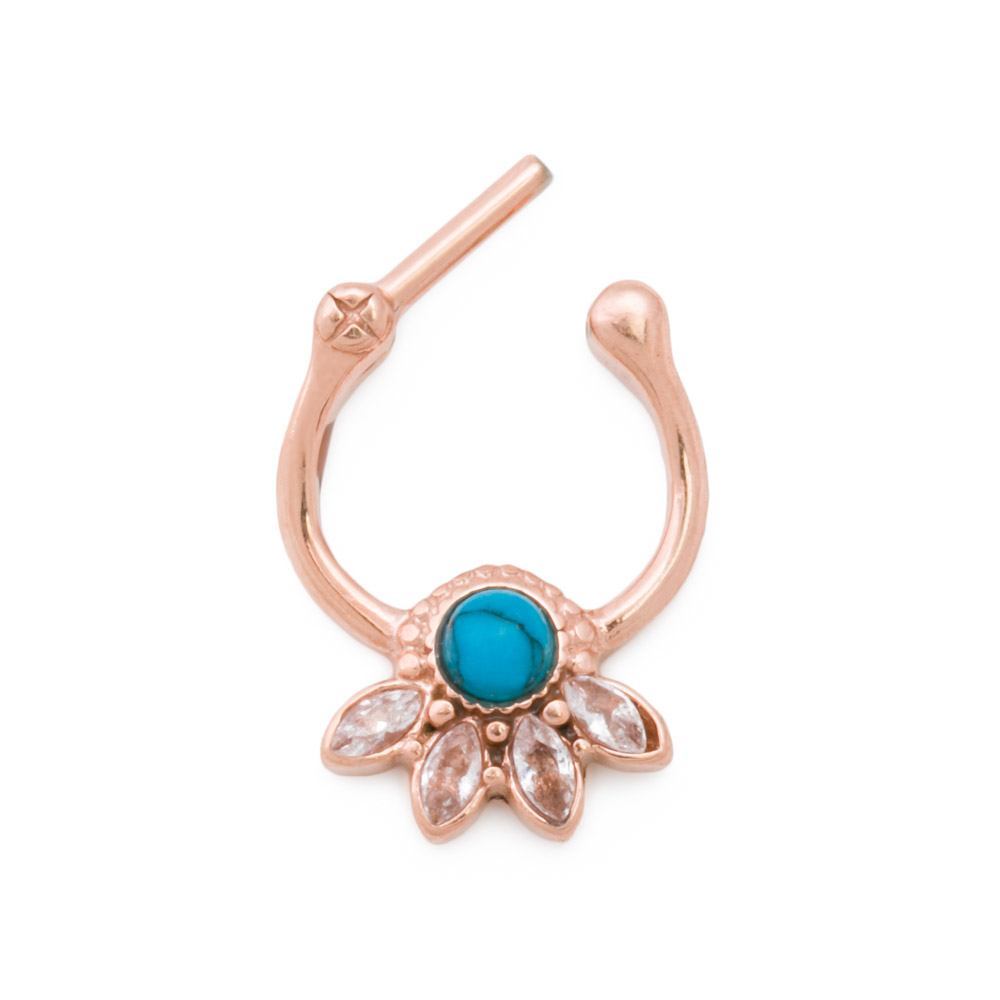 16g Turquoise Jeweled Lotus PVD Rose Gold Septum Clicker